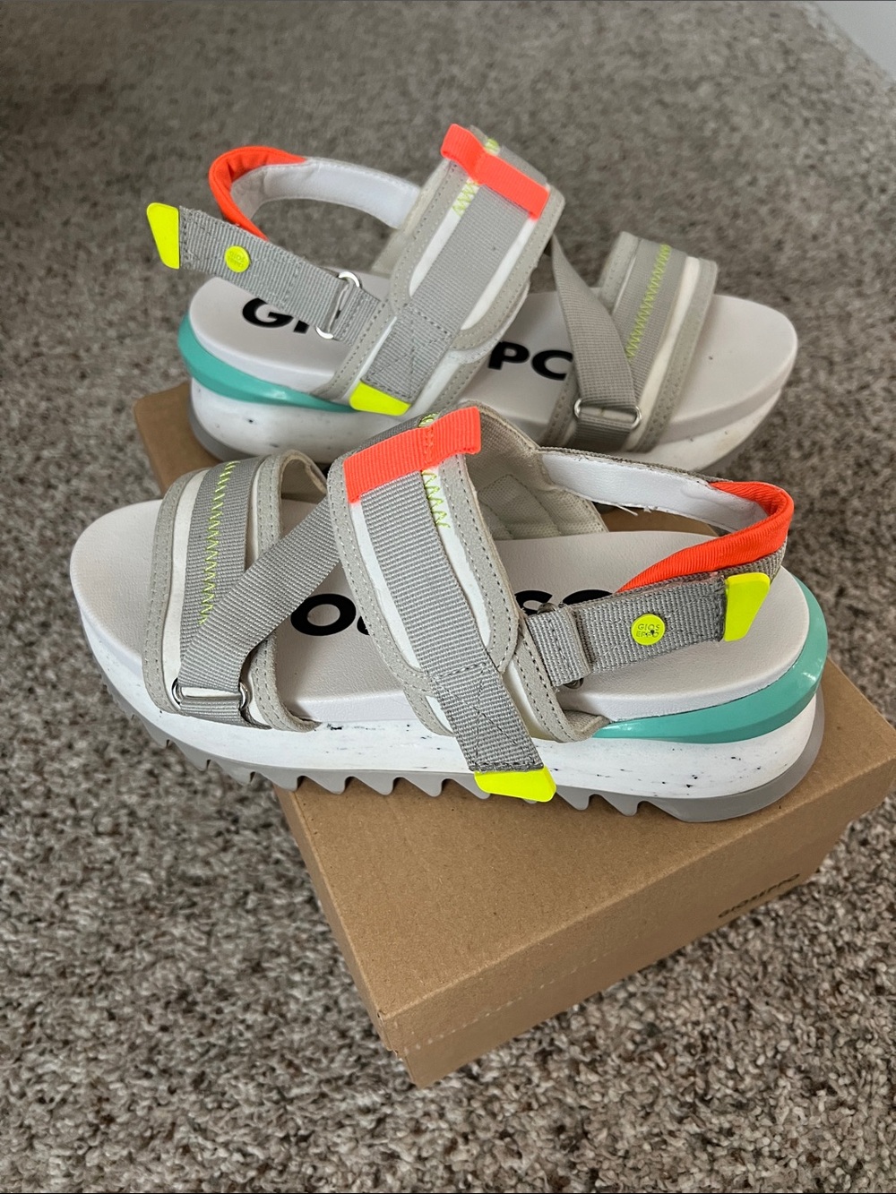 Woman Neutral Grey Sport Sandals with Neon Accents